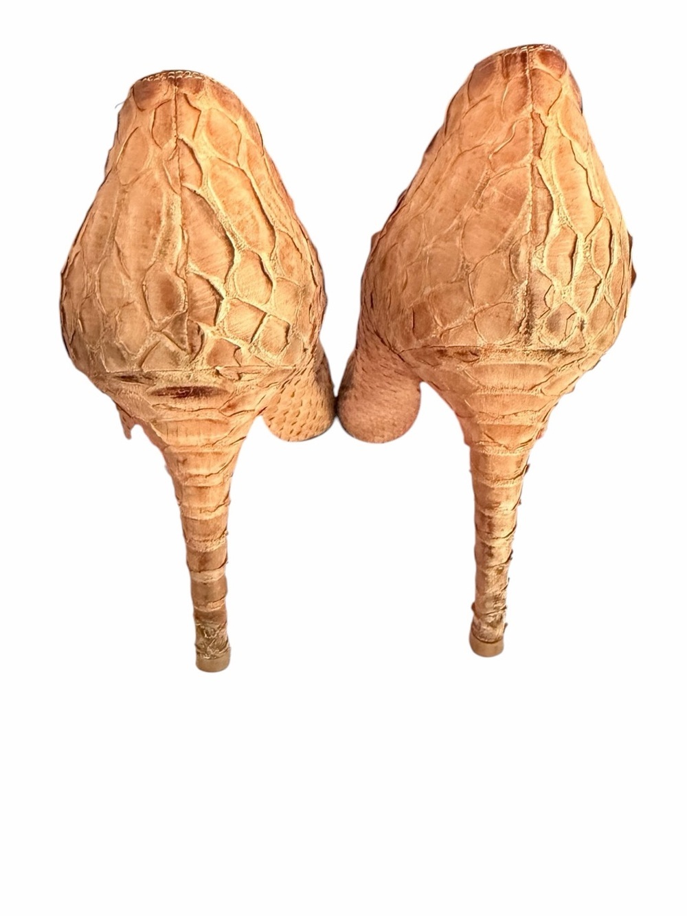 Christian Louboutin Tan Croc or Snake Embossed Peep-Toe Stilettos 39 1/2 - Picture 3 of 12